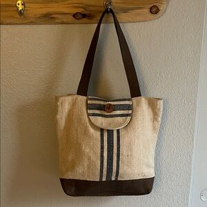 Pine Creek Linen Leather Brown and Cream Blue Strip Tote Bag